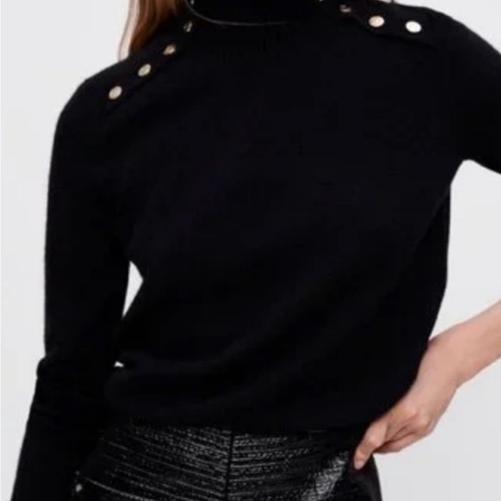 Maje Black Cashmere Turtleneck Sweater with Button Accents